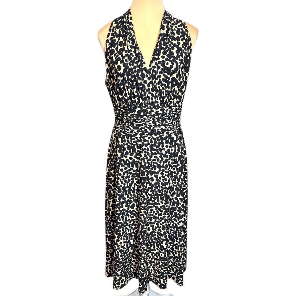 Y2K Evan Picone Leopard/Cheetah Print Halter Neck Midi Black/Tan Dress 10